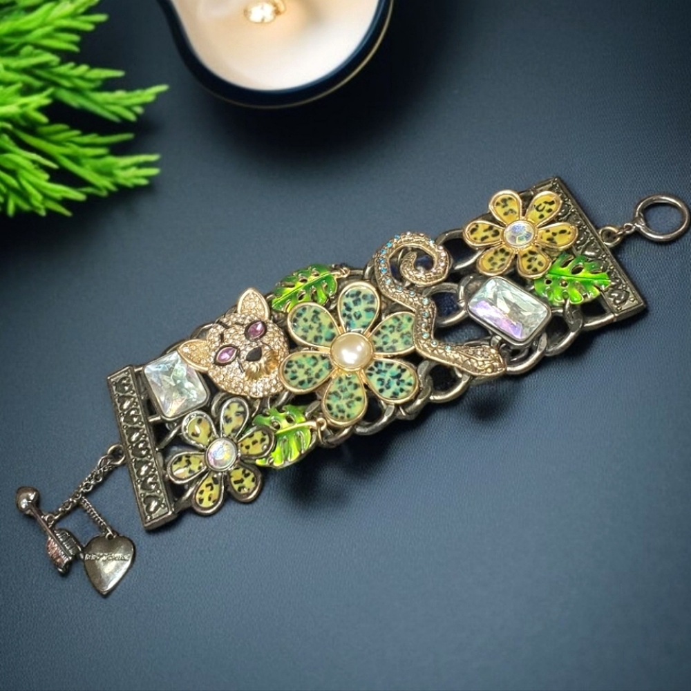 Vintage Betsey Johnson Jungle Leopard Snake Statement Toggle Bracelet